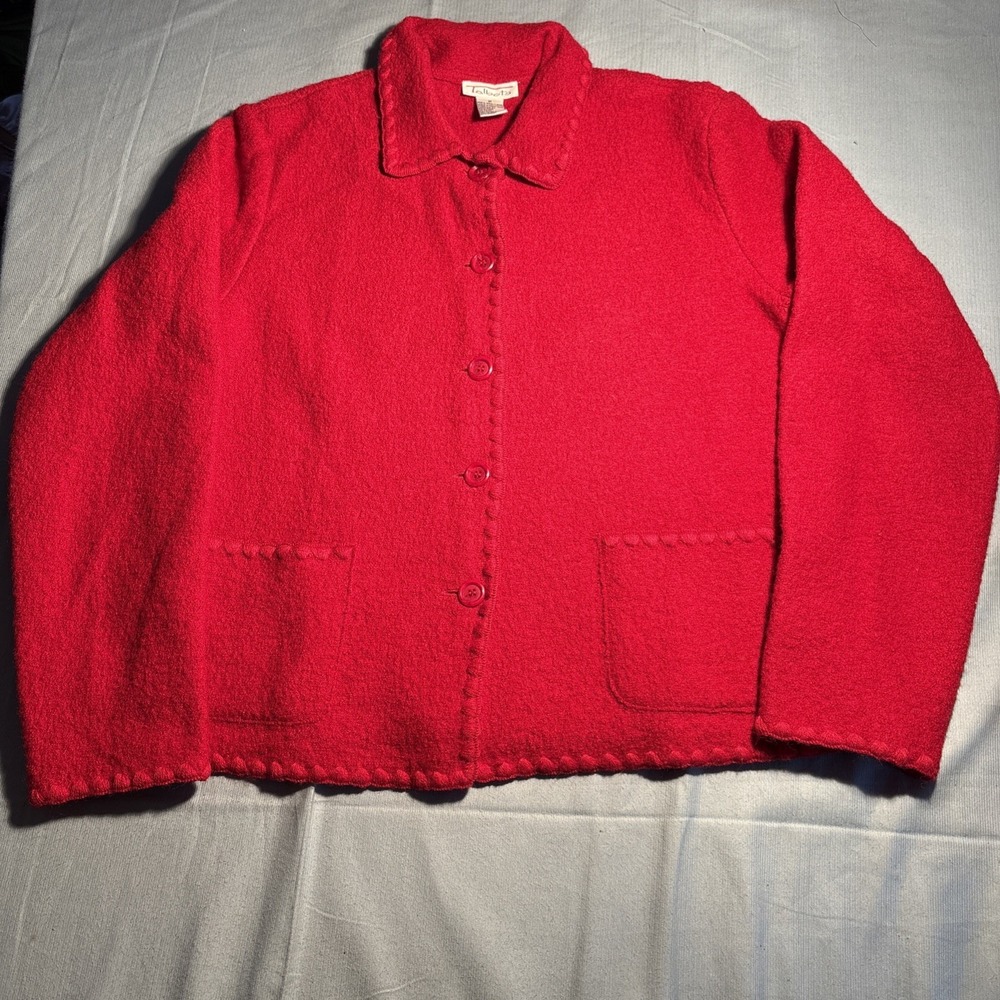 Talbots Red Boiled Wool Cardigan Sweater Scalloped Trim Button Front Womens M
